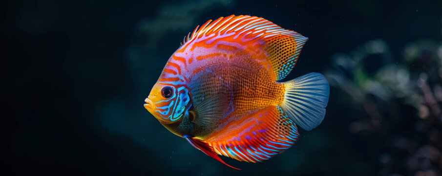 A vibrant, iridescent discus fish in motion, its rounded body and flowing fins creating a beautiful contrast against the black background. The fish's vivid colors and elegant movement are highlighted