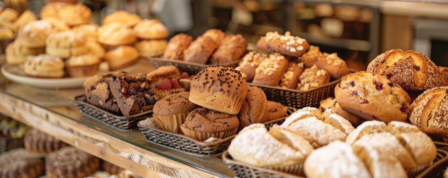 A gluten-free bakery display with a variety of gluten-free breads, muffins, and cookies.