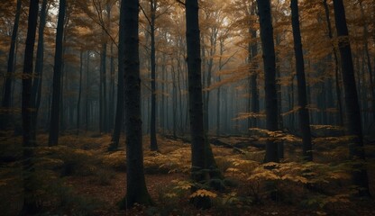 Fototapeta premium Dense foggy autumn forest with tall dark trees.