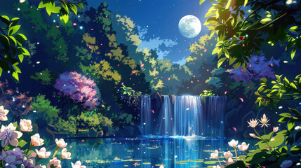Serene nighttime landscape featuring a flowing waterfall, moonlight, vibrant flowers, and lush greenery in a tranquil forest setting