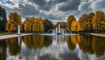 Obraz premium Autumn park fountain reflecting trees and sky.