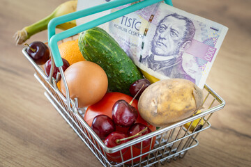 Food prices in the greater Czech Republic, economic concept, rising inflation and rising costs of living for Czechs. Grocery basket with food and a bundle of Czech korunas