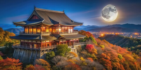 Fototapeta premium Scenic view of Kiyomizu Temple under the light of a full moon during autumn , Japan, Kyoto, architecture, landmark, traditional