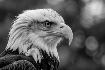 Fototapeta premium Monochrome film-like close-up shot of a majestic american bald eagle