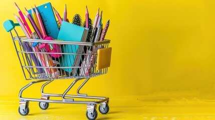 Colorful school supplies in a shopping cart on a yellow background, high resolution.