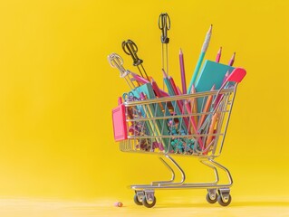 Back to school shopping concept with colorful supplies in a cart on a yellow background.