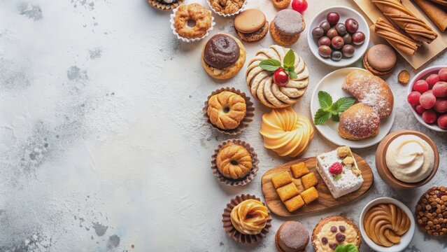 Assortment of freshly baked desserts and treats on a light background, desserts, assortment, bakery, sweets