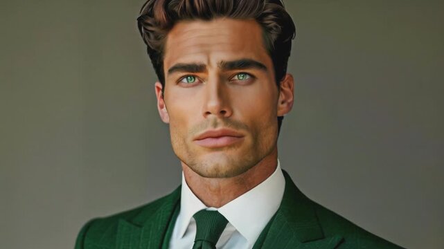 A stylish and sophisticated man in a green suit exudes confidence and elegance as he poses in a refined, classic interior setting. Perfect for fashion campaigns, luxury brand promotions, or scenes dep