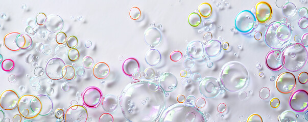 A variety of bubbles in different sizes and opacities scattered across a blank white canvas, creating a playful and airy atmosphere. The absence of distractions draws attention to the delicate