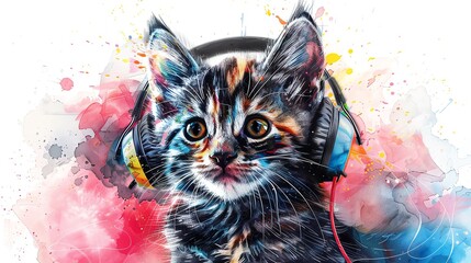 A cute kitten with headphones, surrounded by colorful watercolor splashes.