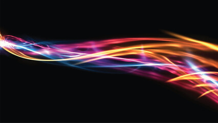 Colorful light trails with motion effect for animation and motion graphic. Overlay neon light vector illustration isolated on black background