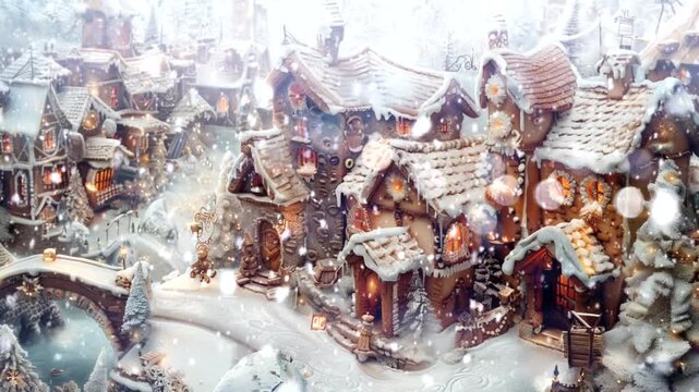 A winter scene with gingerbread houses and caramel streets. Warm shades of chocolate and ochre, flavored with a snow-white glaze,  Seamless looping 4k time-lapse animation video background