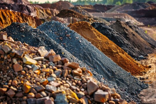 Piles of refined rare earth elements from mining activities: mining techniques, mineral refinement, aggregation of elements, industry procedures