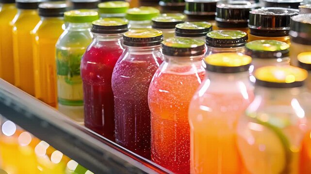 A chilled beverage cooler with a selection of juices iced teas and bottled water.
