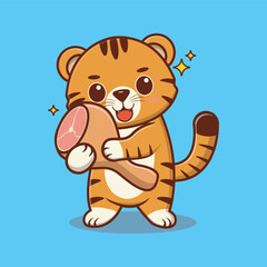 adorable tiger hugging meat
