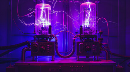Fototapeta premium Two neon tubes filled with purple electric liquid, connected to two large electrical machines, with glowing electricity and lightning inside the machines against a dark background.