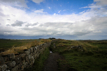 Hadrian Wall view by cloudy noon, Northern England