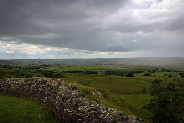 Hadrian Wall view by cloudy noon, Northern England