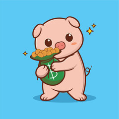 adorable pig hugging a bag of coins
