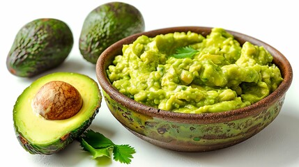 Freshly made guacamole in a bowl, avocado dip, hyperrealistic, isolated on white background
