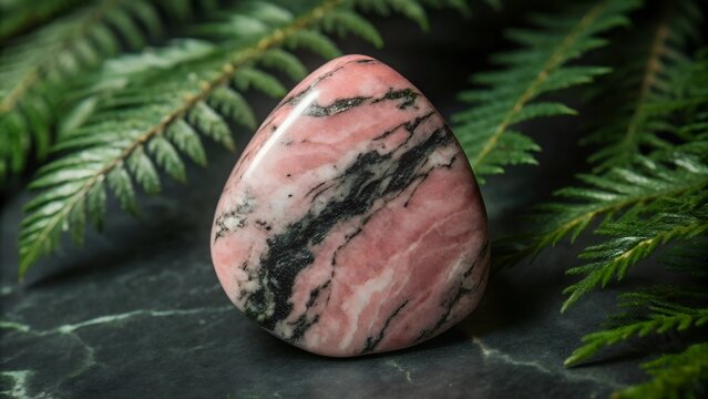 A closeup of a polished pink rhodonite stone surrounded by green foliage