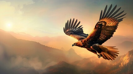 Obraz premium A fierce griffin soaring over a mountainous landscape, photorealistic, dynamic angle, high detail, mythical creature