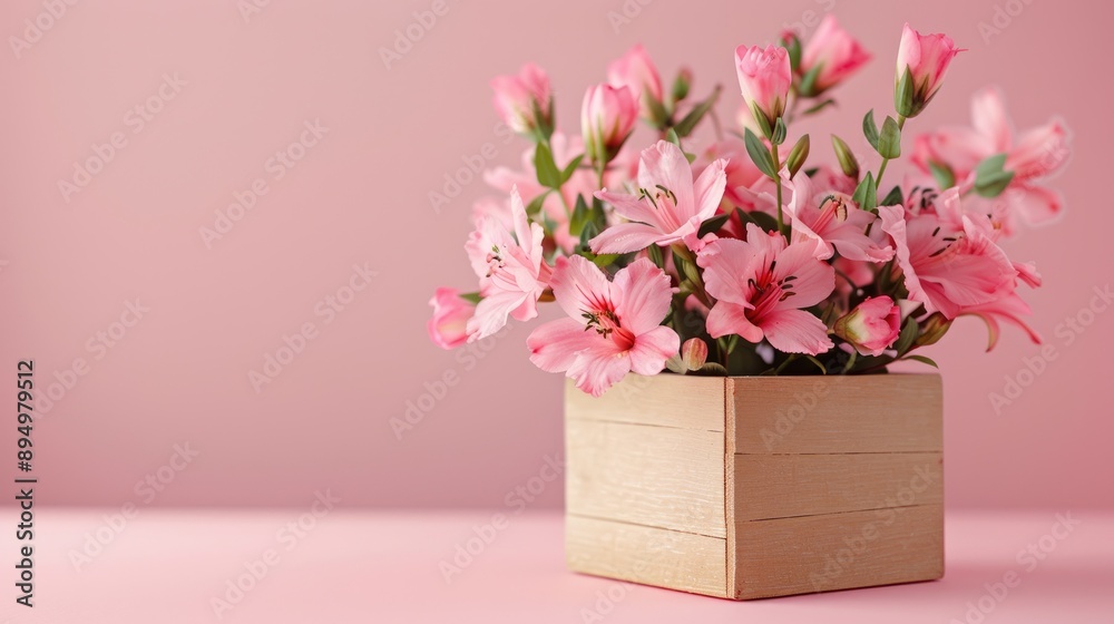 Canvas Prints Empty present box with flowers on pink backdrop room for message