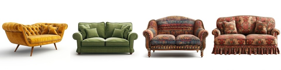 A collection of four unique and stylish sofas showcasing diverse designs and colors for home decor inspiration.