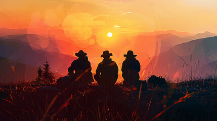 Three people sit in silhouette against a sunset in the mountains, creating a serene outdoor scene ideal for adventure, relaxation, and togetherness-themed designs.