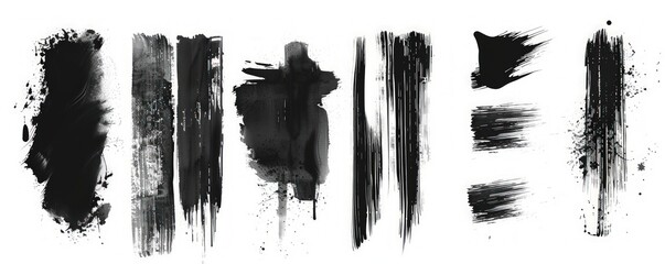 Stylish black brush strokes and indigo ink textures, isolated on white.