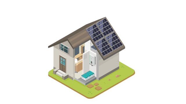 solar cell house ilustration installer hybrid component system for smart home solar panel inverter and battery in house diagram isometric cartoon 