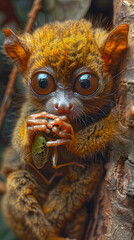 Close-up of a Philippine tarsier (Tarsius syrichta) on a tree in a clear jungle eating a caught insect in the island of Bohol, Philippines