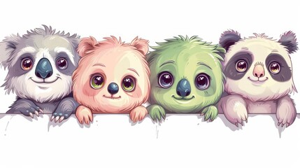 Obraz premium Four cartoon animals are standing on a white background. They are all smiling and looking at the camera