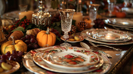 A festive table set for a Thanksgiving feast.