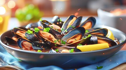   Close-up shot of bowl mussels atop table with glass wine in backdrop