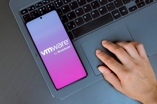 July 23, 2024, Paraguay. In this photo illustration, the VMware, Inc. logo is displayed on a smartphone screen.