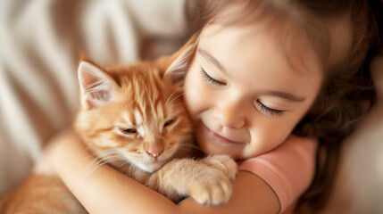 Little girl snuggling and hugging Ginger kitten in bed, friendship bond, copy space