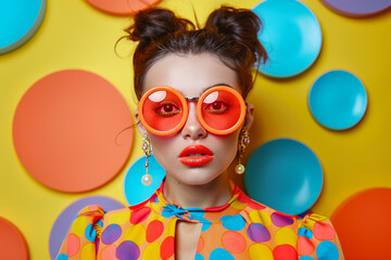 Woman with retro sunglasses and orange lipstick in front of colorful circles, pop art style portrait