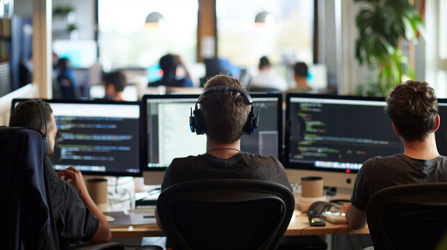 an image of software developers coding on multiple monitors