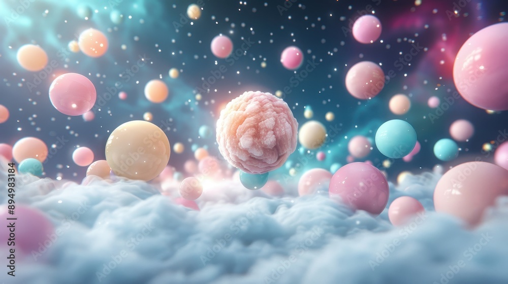 Poster a colorful cloud of balls with a pink ball in the middle. the image has a playful and whimsical mood