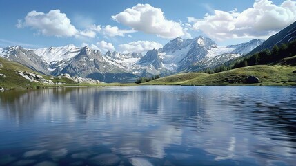   A serene blue sky peeks through between majestic mountain ranges, framing a tranquil body of water dotted with wisps of white clouds