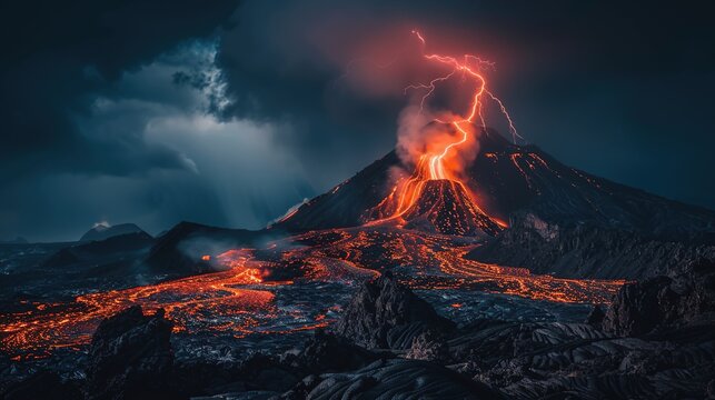 Volcano landscape with lightning and thunderclouds