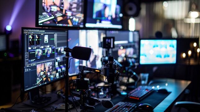 a streaming setup with multiple screens and high-quality cameras