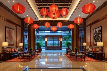 A large room with red lanterns hanging from the ceiling