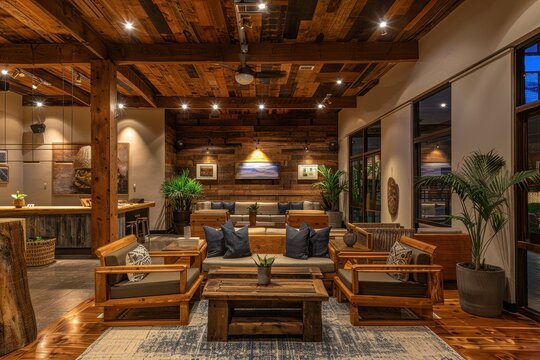 A large living room with wooden furniture and a wooden coffee table