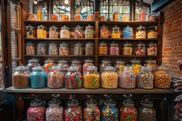 Fototapeta premium A candy store with many jars of candy on a shelf