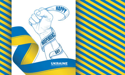 Waving ukraine flag with with a line art design of a hand holding a text says happy independence day