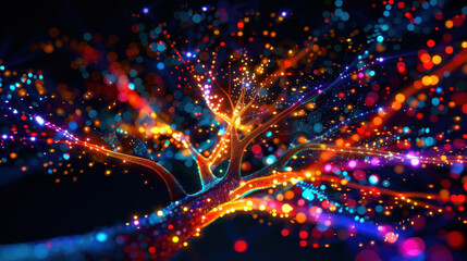 Naklejka premium Abstract illuminated tree with colorful lights and glowing particles on a dark background, creating a magical atmosphere