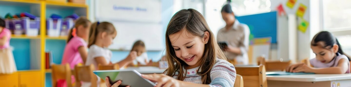 Classroom with a girl on an iPad, classmates using devices, teacher supervising.