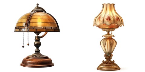 Elegant table lamps showcasing vintage design with intricate details and warm glass shades, perfect for stylish lighting solutions.